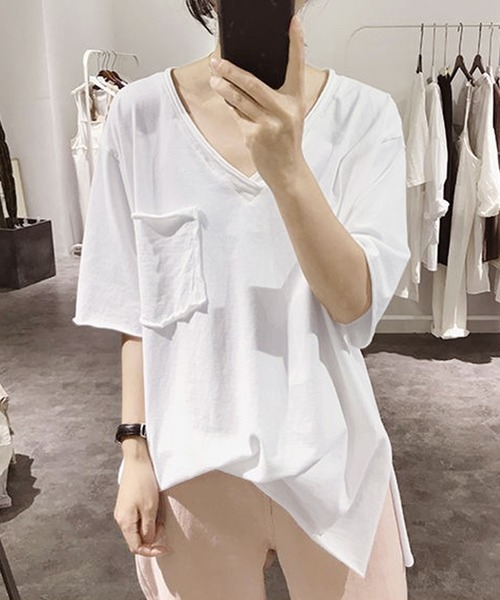 Grandeir（グランディール）の「胸ポケット付き 半袖 カットソー（Tシャツ/カットソー・レディース・ホワイト/ブラック/グレー・M/L）」の2枚目の写真