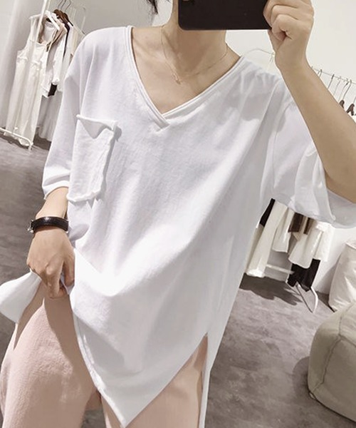 Grandeir（グランディール）の「胸ポケット付き 半袖 カットソー（Tシャツ/カットソー・レディース・ホワイト/ブラック/グレー・M/L）」の7枚目の写真