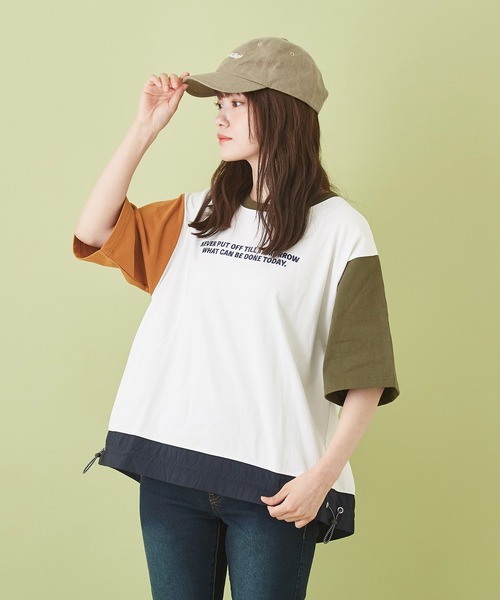 CUBE SUGAR（キューブシュガー）の「OE天竺 裾ドロストＴシャツ（Tシャツ/カットソー・レディース・ホワイト/ネイビー/カーキ/オレンジ/マルチ・M）」の5枚目の写真