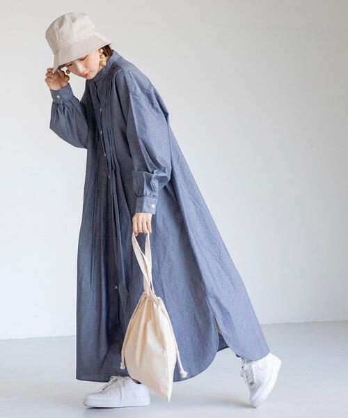 coen(コーエン)の「USAコットンマキシ丈タックシャツワンピース(シャツワンピース・レディース・ベージュ/ネイビー・FREE)」の7枚目の写真