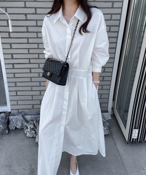 Girly Doll（ガーリードール）の「ウエスト切り替えシャツワンピース（シャツワンピース・レディース・ホワイト/ネイビー・FREE）」の2枚目の写真