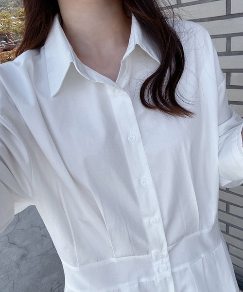 Girly Doll（ガーリードール）の「ウエスト切り替えシャツワンピース（シャツワンピース・レディース・ホワイト/ネイビー・FREE）」の3枚目の写真