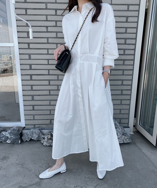 Girly Doll（ガーリードール）の「ウエスト切り替えシャツワンピース（シャツワンピース・レディース・ホワイト/ネイビー・FREE）」の4枚目の写真