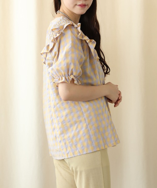 PUBLUX（パブリュクス）の「【PUBLUX/パブリュクス】パワーショルダーフリルチェックブラウス（シャツ/ブラウス・レディース・イエロー/ブルーグリーン・ﾌﾘ-）」の18枚目の写真