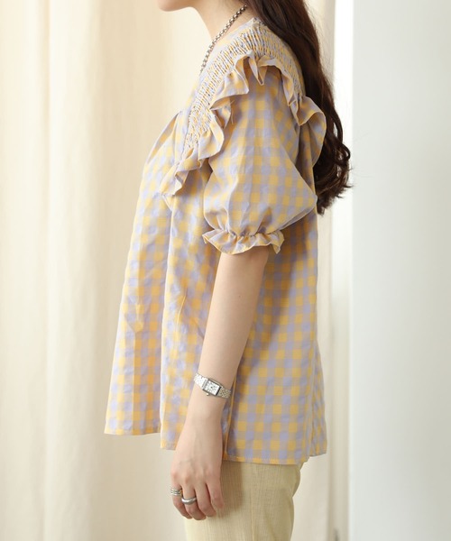 PUBLUX（パブリュクス）の「【PUBLUX/パブリュクス】パワーショルダーフリルチェックブラウス（シャツ/ブラウス・レディース・イエロー/ブルーグリーン・ﾌﾘ-）」の14枚目の写真
