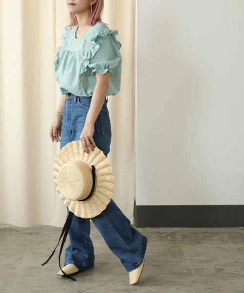 PUBLUX（パブリュクス）の「【PUBLUX/パブリュクス】パワーショルダーフリルチェックブラウス（シャツ/ブラウス・レディース・イエロー/ブルーグリーン・ﾌﾘ-）」の16枚目の写真