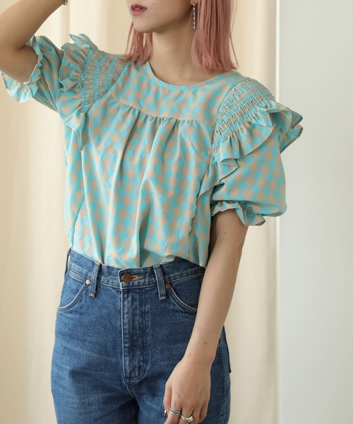 PUBLUX（パブリュクス）の「【PUBLUX/パブリュクス】パワーショルダーフリルチェックブラウス（シャツ/ブラウス・レディース・イエロー/ブルーグリーン・ﾌﾘ-）」の9枚目の写真