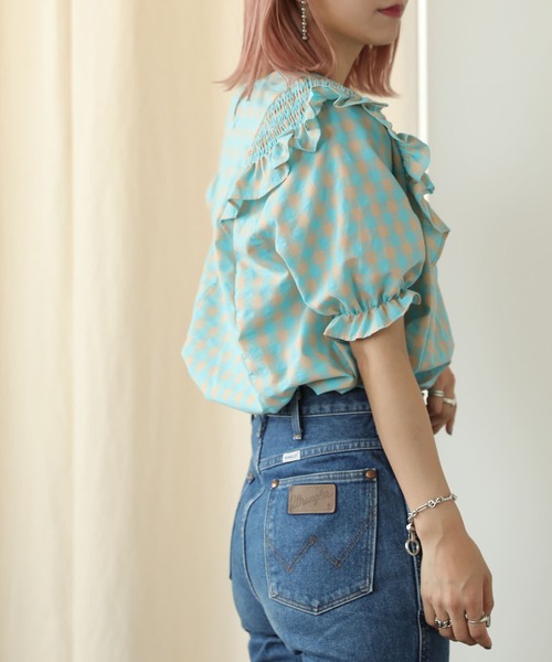 PUBLUX（パブリュクス）の「【PUBLUX/パブリュクス】パワーショルダーフリルチェックブラウス（シャツ/ブラウス・レディース・イエロー/ブルーグリーン・ﾌﾘ-）」の22枚目の写真