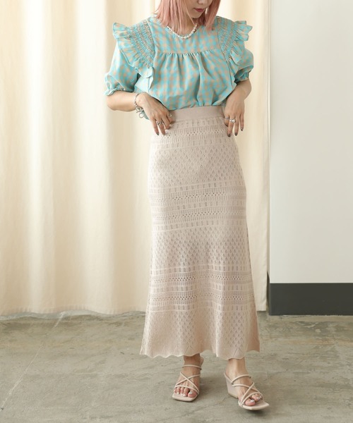 PUBLUX（パブリュクス）の「【PUBLUX/パブリュクス】パワーショルダーフリルチェックブラウス（シャツ/ブラウス・レディース・イエロー/ブルーグリーン・ﾌﾘ-）」の7枚目の写真