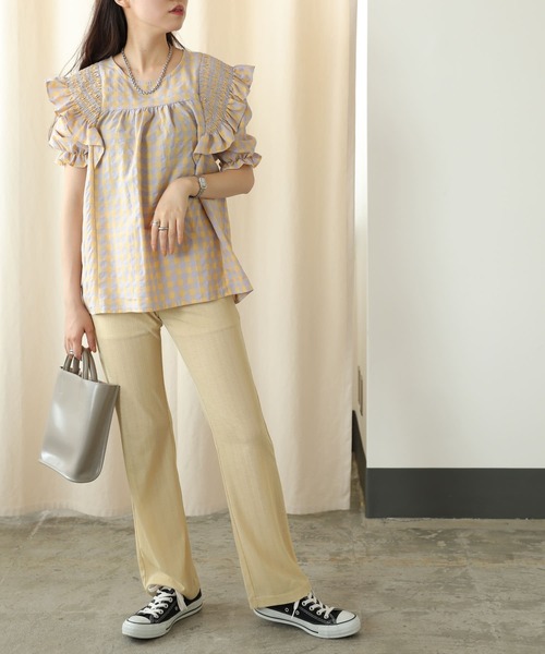 PUBLUX（パブリュクス）の「【PUBLUX/パブリュクス】パワーショルダーフリルチェックブラウス（シャツ/ブラウス・レディース・イエロー/ブルーグリーン・ﾌﾘ-）」の15枚目の写真