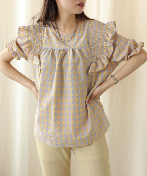 PUBLUX（パブリュクス）の「【PUBLUX/パブリュクス】パワーショルダーフリルチェックブラウス（シャツ/ブラウス・レディース・イエロー/ブルーグリーン・ﾌﾘ-）」の21枚目の写真
