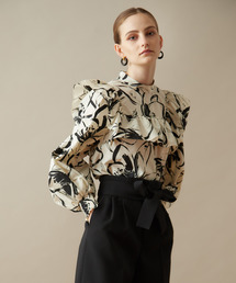 モノフラワープリントフリルブラウス