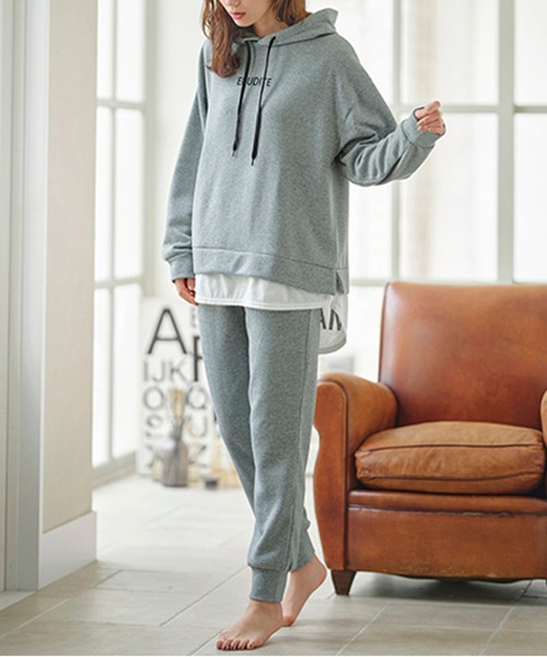 裾レイヤードスポーティーパーカー上下セット(裏起毛)（ルームウェア