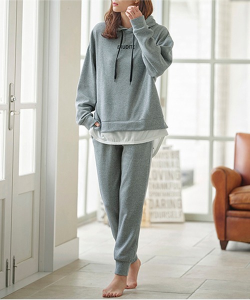 セール】裾レイヤードスポーティーパーカー上下セット(裏起毛)（ルーム