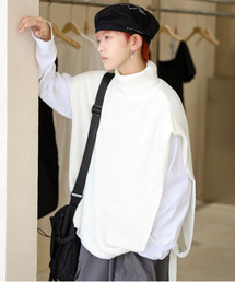 【neos -addictive design-】ルーズシルエット タートルネック サイドスリット ベルト ニット ベスト