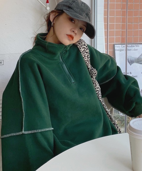 ROOPTOKYO(ループトウキョウ)の「フロントジップ配色ステッチニットトレーナー(スウェット・レディース・グリーン/イエロー・FREE)」の2枚目の写真