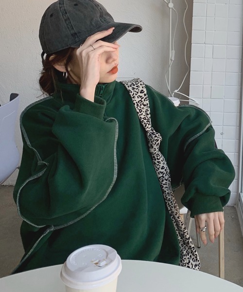 ROOPTOKYO(ループトウキョウ)の「フロントジップ配色ステッチニットトレーナー(スウェット・レディース・グリーン/イエロー・FREE)」の3枚目の写真