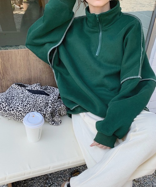 ROOPTOKYO(ループトウキョウ)の「フロントジップ配色ステッチニットトレーナー(スウェット・レディース・グリーン/イエロー・FREE)」の7枚目の写真