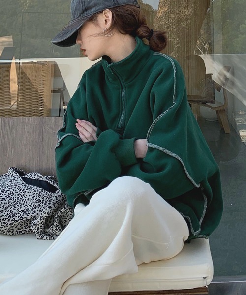 ROOPTOKYO(ループトウキョウ)の「フロントジップ配色ステッチニットトレーナー(スウェット・レディース・グリーン/イエロー・FREE)」の8枚目の写真