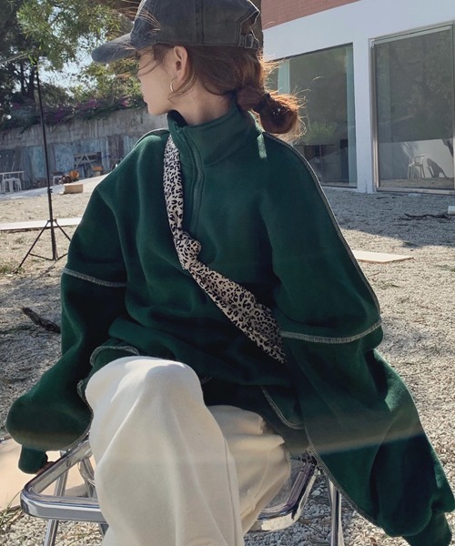 ROOPTOKYO(ループトウキョウ)の「フロントジップ配色ステッチニットトレーナー(スウェット・レディース・グリーン/イエロー・FREE)」の6枚目の写真