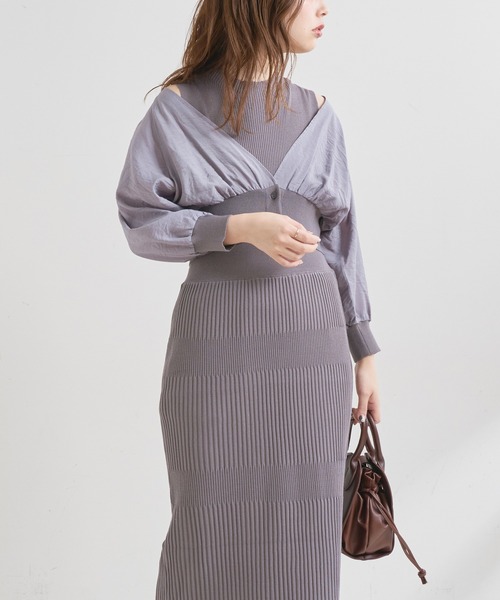 natural couture(ナチュラルクチュール)の「【WEB限定】シアーブラウスカーディガン×リブニットワンピース(ワンピース・レディース・ブラック/グレー/オフホワイト/グリーン/ピンクベージュ・FREE)」の4枚目の写真