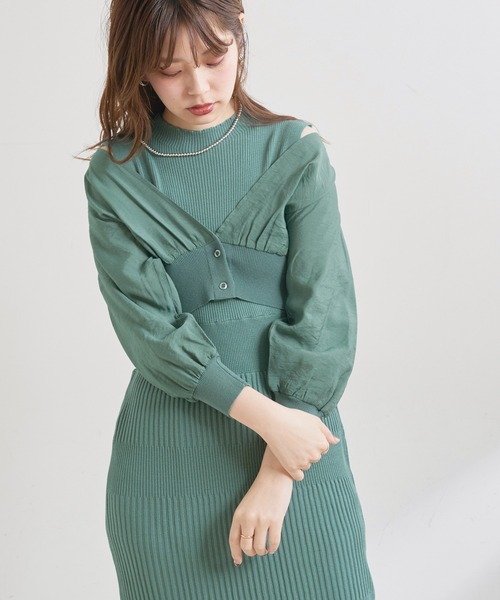 natural couture(ナチュラルクチュール)の「【WEB限定】シアーブラウスカーディガン×リブニットワンピース(ワンピース・レディース・ブラック/グレー/オフホワイト/グリーン/ピンクベージュ・FREE)」の7枚目の写真