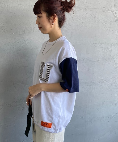 UNIVERSAL OVERALL（ユニバーサルオーバーオール）の「[UNIVERSAL OVERALL/ユニバーサルオーバーオール] 別注  ショートスリーブスタジャンTシャツ（Tシャツ/カットソー・レディース・ホワイト×ネイビー/ブラック/グリーン/ホワイト・L/S/M）」の3枚目の写真