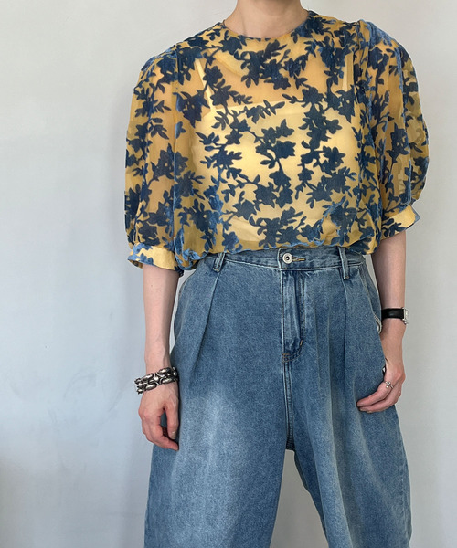 chuclla(チュクラ)の「ベルベット フローラル柄 シアートップ chw22s087【2022/SS】(シャツ/ブラウス・レディース・ブルー/グリーン・FREE)」の8枚目の写真