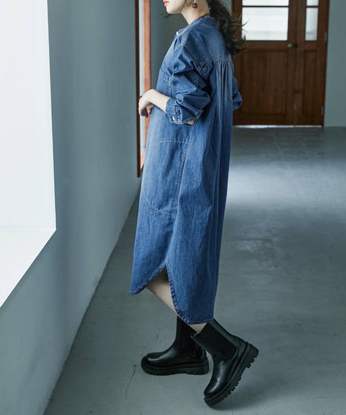 Fashion Letter（ファッションレター）の「ノーカラーデニムシャツワンピース（シャツワンピース・レディース・ブルー/ネイビー・LL～3L/M～Ｌ/4L～5L）」の6枚目の写真