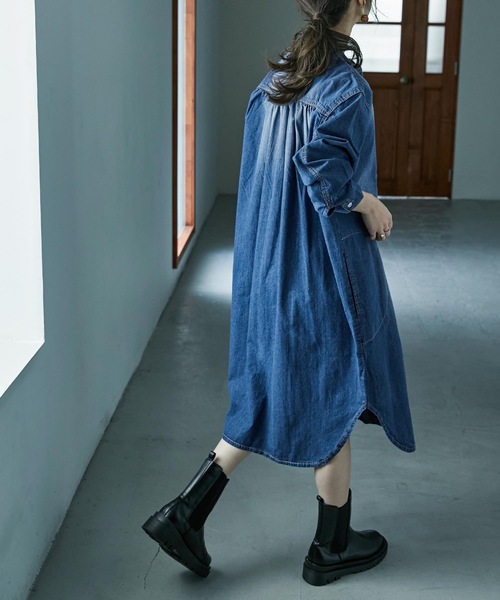 Fashion Letter（ファッションレター）の「ノーカラーデニムシャツワンピース（シャツワンピース・レディース・ブルー/ネイビー・LL～3L/M～Ｌ/4L～5L）」の5枚目の写真