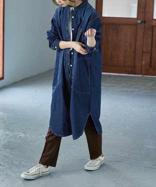 Fashion Letter（ファッションレター）の「ノーカラーデニムシャツワンピース（シャツワンピース・レディース・ブルー/ネイビー・LL～3L/M～Ｌ/4L～5L）」の7枚目の写真