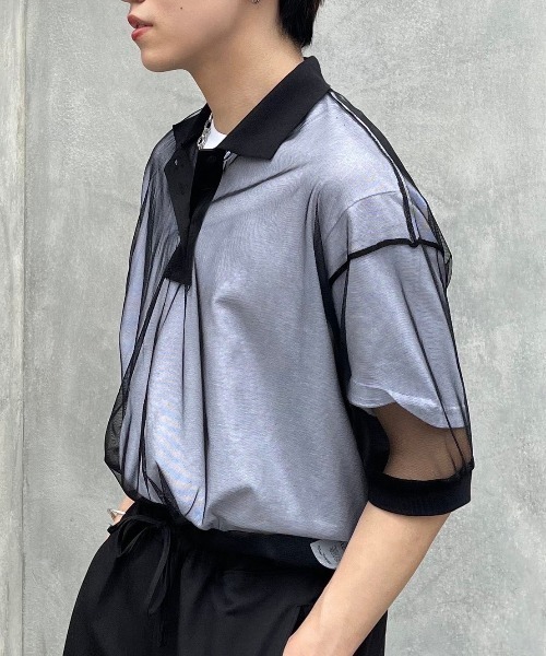XU（エックスユー）の「【XU/エックスユー】see-through polo shirt/シースルー ポロシャツ トップス 重ね着 レイヤード（ポロシャツ・メンズ・ブラック/ホワイト・ONE SIZE）」の22枚目の写真