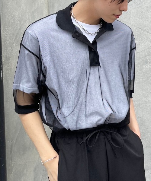 XU（エックスユー）の「【XU/エックスユー】see-through polo shirt/シースルー ポロシャツ トップス 重ね着 レイヤード（ポロシャツ・メンズ・ブラック/ホワイト・ONE SIZE）」の21枚目の写真