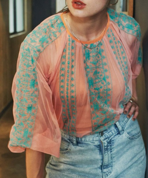 Unitage（ユニテージ）の「チュール刺繍ブラウス（シャツ/ブラウス・レディース・ピンク/ナチュラル・FREE）」の14枚目の写真