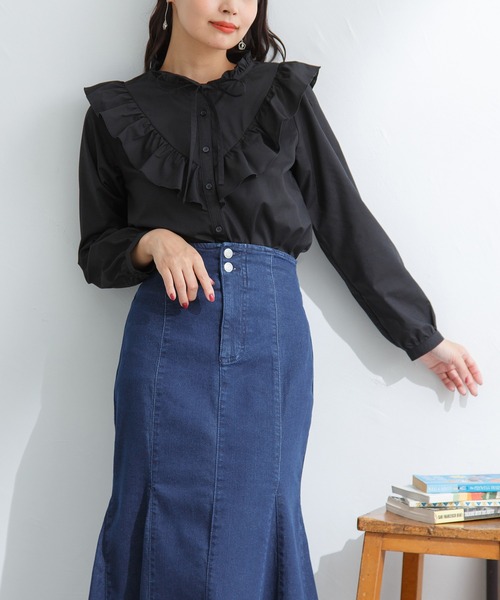 Honeys（ハニーズ）の「リボン付フリルブラウス（シャツ/ブラウス・レディース・ホワイト/ブラック/ベージュ/ピンク・S/M/L/LL）」の13枚目の写真