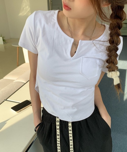 meJane(ミージェーン)の「ヘンリーネッククロップドコンパクトTシャツ(Tシャツ/カットソー・レディース・ホワイト/ブラック/チャコールグレー・FREE)」の19枚目の写真
