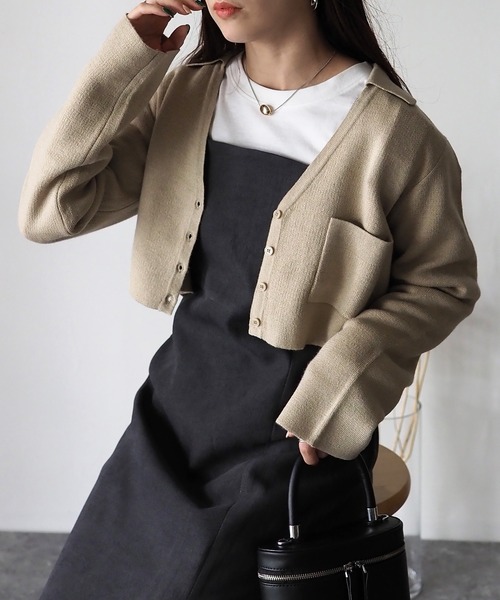 Riberry（リベリー）の「襟付きショート丈カーディガン（カーディガン/ボレロ・レディース・チャコールグレー/杢グレー/ベージュ・MEDIUM）」の3枚目の写真