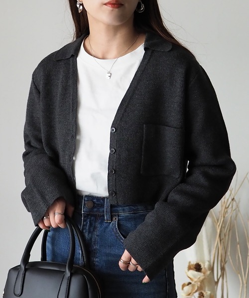 Riberry（リベリー）の「襟付きショート丈カーディガン（カーディガン/ボレロ・レディース・チャコールグレー/杢グレー/ベージュ・MEDIUM）」の6枚目の写真