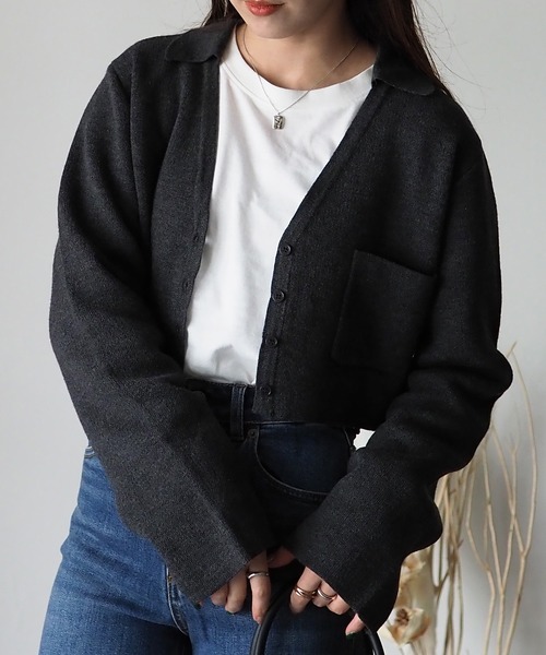 Riberry（リベリー）の「襟付きショート丈カーディガン（カーディガン/ボレロ・レディース・チャコールグレー/杢グレー/ベージュ・MEDIUM）」の4枚目の写真