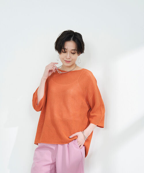 NOLLEY’S（ノーリーズ）の「《手洗い可能》ウォッシャブルペーパーヤーンカノコプルオーバーニット（ニット/セーター・レディース・パープル/ブラック/ホワイト/オレンジ・FREE）」の9枚目の写真