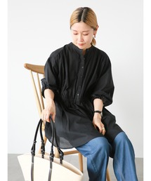 Samansa Mos2 blue | ウエストギャザー7分袖チュニック(シャツ/ブラウス)