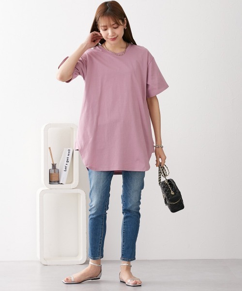 nissen（ニッセン）の「綿１００％　ゆるシルエットラウンドへムチュニック（Tシャツ/カットソー・レディース・オフホワイト/ブラック/ダークグレー/ネイビー/モカ/ピンク/カーキ/ブルーグレー/ミント/イエロー/ターコイズブルー・L/M/LL/S）」の12枚目の写真