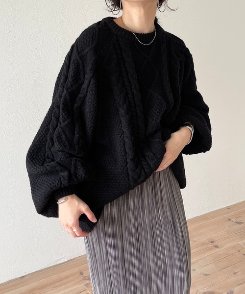 Sov.　ボリュームスリーブケーブルニット　ブラック　36 ダブルスタンダードクロージング ボリュームスリーブケーブルニット