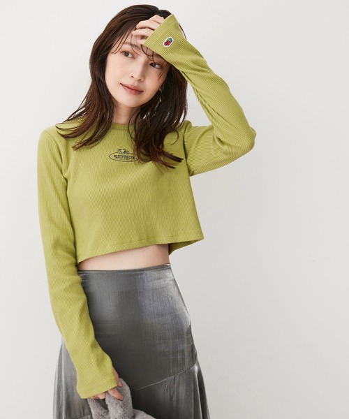 VIS（ビス）の「【FRUIT OF THE LOOM別注】テレコロゴ短丈ロングTシャツ【洗える】（Tシャツ/カットソー・レディース・グリーン系その他/グレー/オフホワイト・FREE）」の4枚目の写真