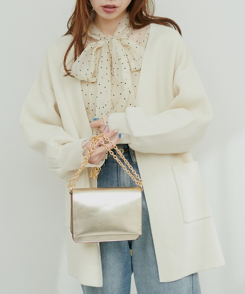 natural couture(ナチュラルクチュール)の「きれいめニットミドル丈コーディガン(カーディガン/ボレロ・レディース・チェック/オフホワイト/グレイッシュベージュ/サックスブルー/ブラック/ブルー・FREE)」の2枚目の写真