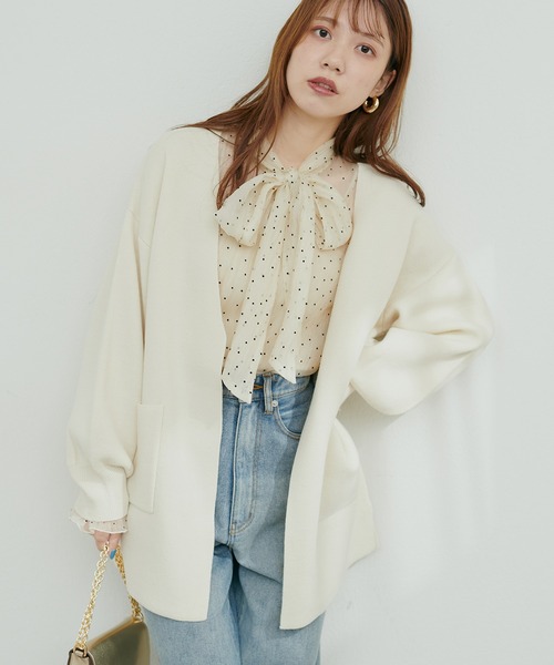 natural couture(ナチュラルクチュール)の「きれいめニットミドル丈コーディガン(カーディガン/ボレロ・レディース・チェック/オフホワイト/グレイッシュベージュ/サックスブルー/ブラック/ブルー・FREE)」の8枚目の写真