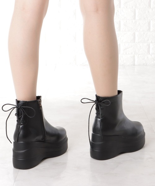 ※アラリン※ PELLCOSUNNYレザー 厚底 レースアップブーツ 厚底レースアップサイドリングデザイン ブーツ（ブーツ