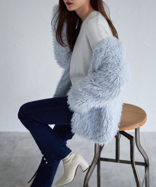 tocco closet（トッコ　クローゼット）の「オーバーサイズロングシャギーボアカーディガン（カーディガン/ボレロ・レディース・ピンク/アイボリー/グレイッシュベージュ/ブルー系その他・M）」の19枚目の写真