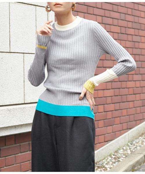 Settimissimo（セッティミッシモ）の「ワイドリブアシンメトリー配色デザインニット（ニット/セーター・レディース・ベージュ/ブラック/グレー・FREE）」の3枚目の写真