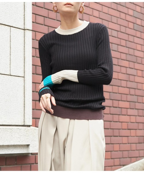 Settimissimo（セッティミッシモ）の「ワイドリブアシンメトリー配色デザインニット（ニット/セーター・レディース・ベージュ/ブラック/グレー・FREE）」の2枚目の写真